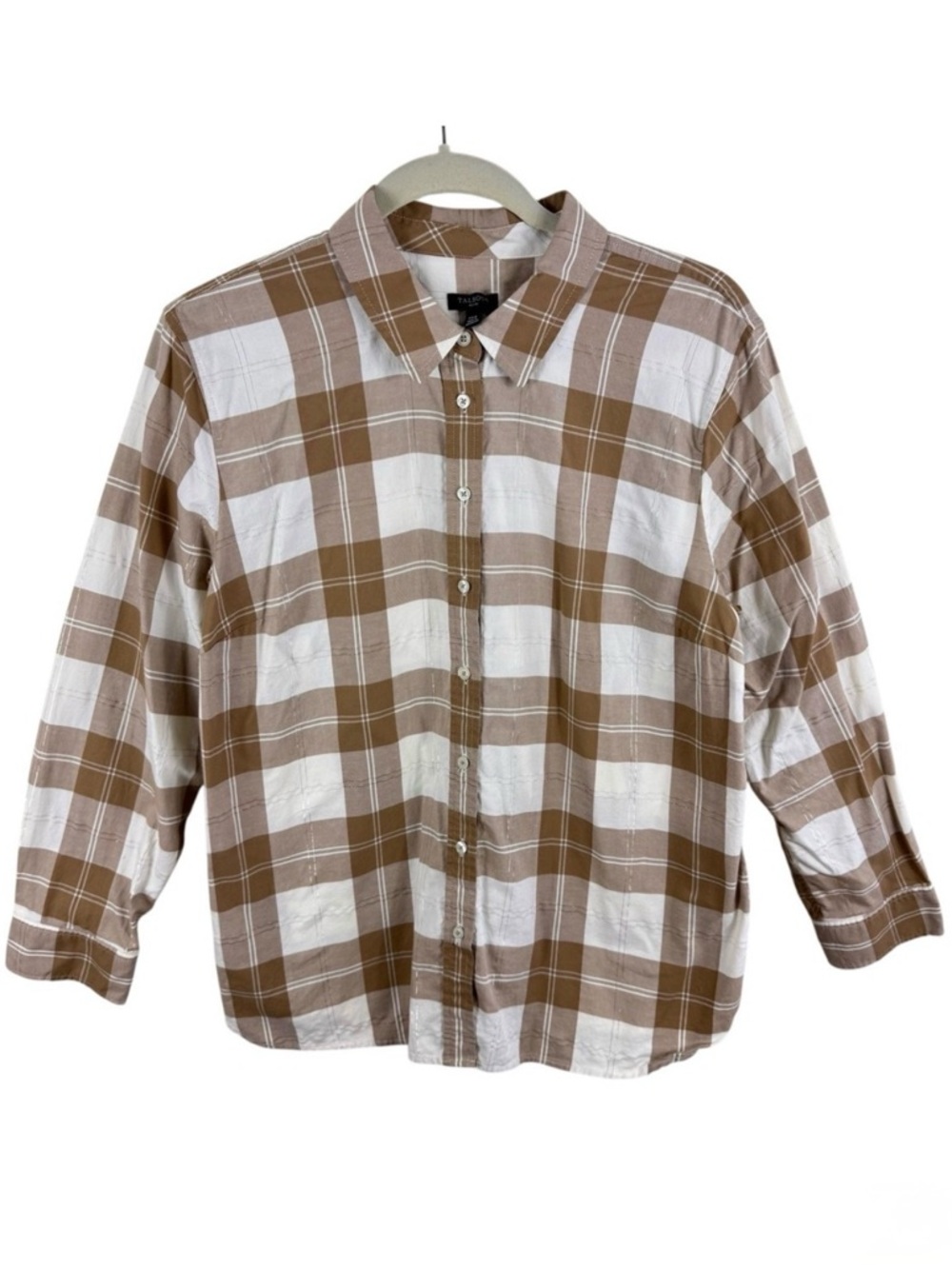 Talbots Plaid Long Sleeve Button Up Shirt Women's XL Petite Brown White Metallic
